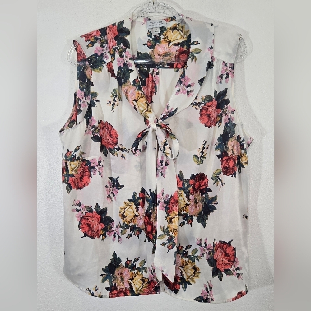 Tahari Floral Front Button Blouse Front Tie Office Church Career Elegant , 2X